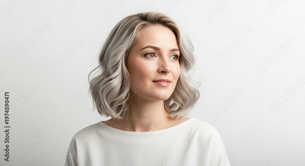 Fototapeta premium Portrait of a woman with wavy silver grey hair. Fashionable female model looking away on white backdrop