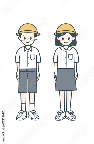 Elementary School Children Upper Grades Boys and Girls with Yellow Hat Illustration