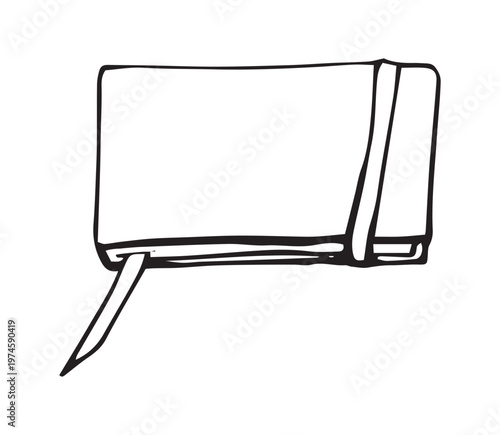 Sketchbook with bookmark tape and elastic band hand drawn illustration. Moleskine notebook doodle, bold outline, black on white. Art, design and creative concept for artist and branding.