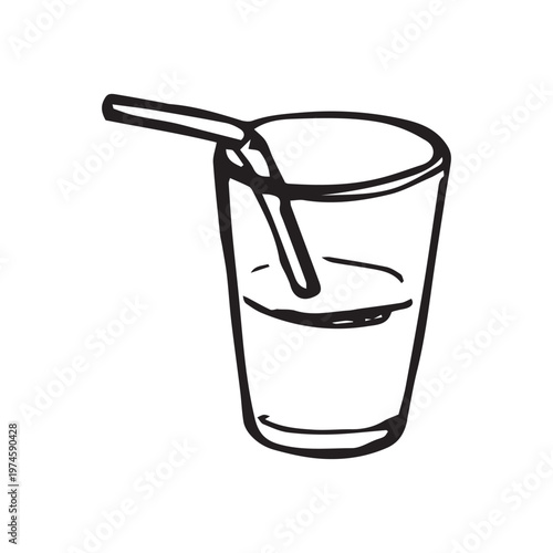 Glass of water with straw hand drawn sketch illustration. Cold drink doodle, bold outline, black on white. Beverage and summer concept for cafe, restaurant menu and food blog design.