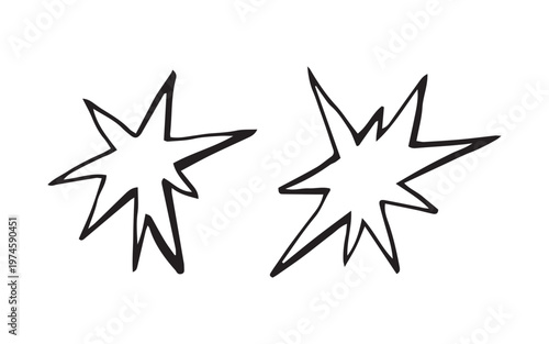 Doodle star burst explosion set, hand drawn grunge sparkle starburst shapes, comic outline sketch vector illustration, black line on white background.