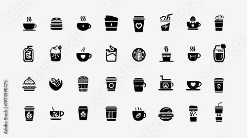 Minimalist Vector Coffee Icons Set: Beverage Cups, Espresso, Latte, Beans & Cafe Elements for Web Design & Mobile Apps