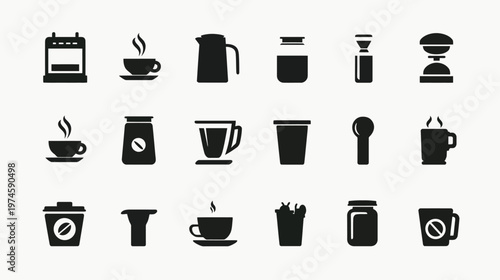 Set of black coffee icons. Vector silhouette collection of coffee makers, cups, pots, and brewing essentials. Ideal for hot drink and cafe designs.