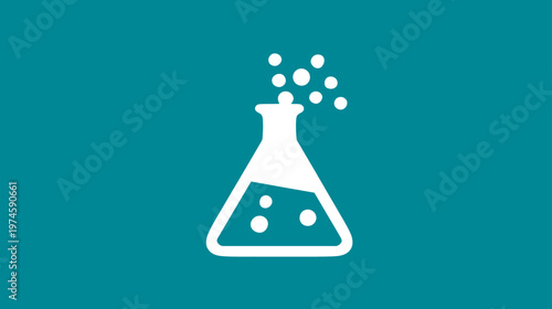 Chemical reaction in laboratory flask icon. Scientific experiment, chemistry research, and lab equipment symbol on a teal background.