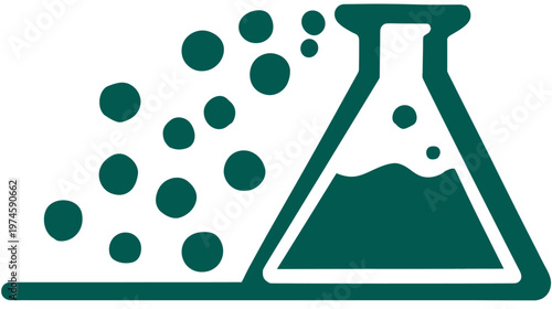 Chemical reaction in a laboratory flask with bubbles icon. Science experiment, chemistry research, education, or innovation symbol.