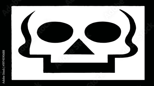 Minimalist black and white skull graphic icon. Simple stylized human head symbol on a white background for design.