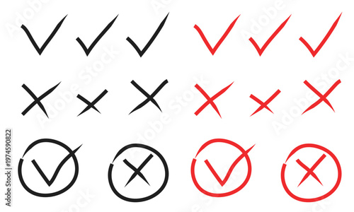 Red and black hand drawn check marks and cross icons set for approval and rejection signs.