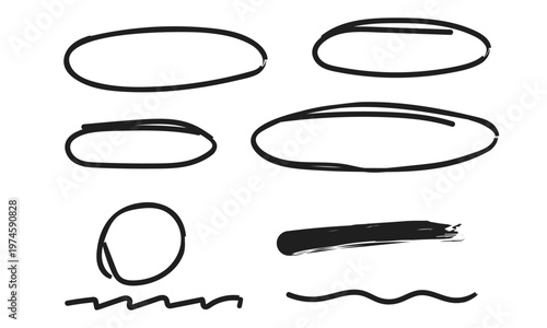 Set of hand drawn marker strokes and circle frames for highlighting text on transparent background.