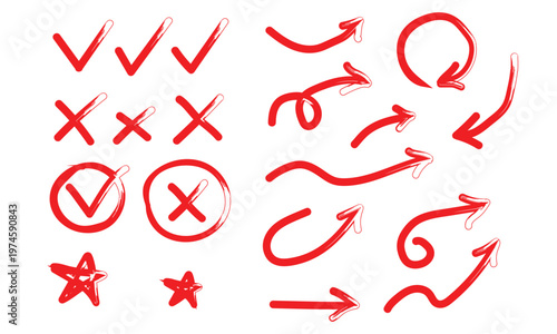 Assorted red checkmarks, crosses, stars and arrows drawn with brush.