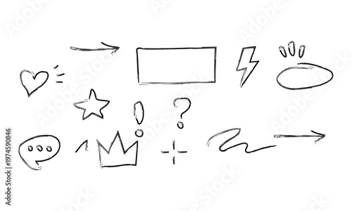 Hand drawn doodle elements including arrows heart star speech bubble and geometric shapes for social media.