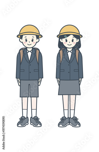 Elementary School Children Upper Grades Blazer Uniform with Yellow Hat Illustration