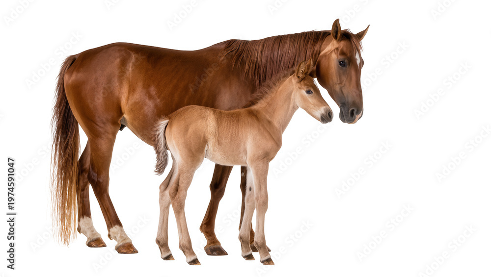 Obraz premium Brown horse and light brown foal standing together, isolated on transparent background