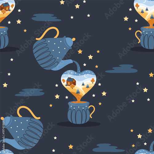 Seamless pattern evening tea time theme. Beautiful country landscape. Vector illustration.