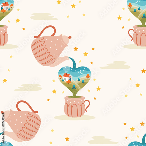 Seamless pattern evening tea time theme. Beautiful country landscape. Vector illustration.