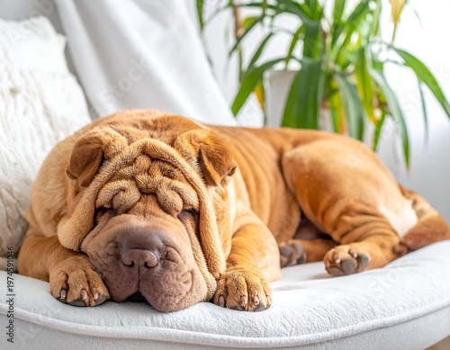 A relaxed, wrinkly-faced canine rests on a soft, white chair. A green, leafy plant is partially visible in the blurred background