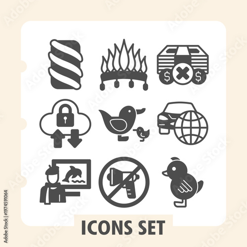 Set of nine gray glyph icons illustrating finance, security, nature and technology concepts on white background. Ideal for web, digital projects and print media.