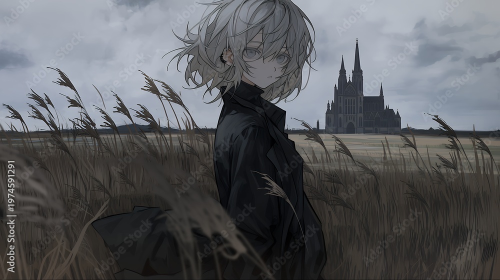Fototapeta premium young woman stands in field with distant cathedral