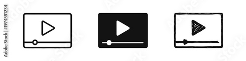 Video player interface icon set. Media player symbol and online video streaming graphic in outline, solid, and hand-drawn styles.