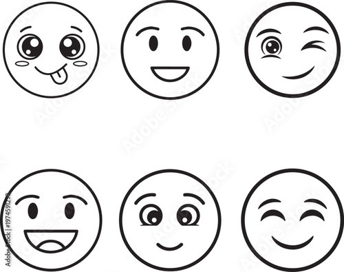 Black and White Emoji Faces Set – Outline Expression Icons Collection