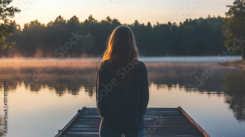 Solitary Woman Standing on a Wooden Pier Overlooking a Misty Lake at Sunrise