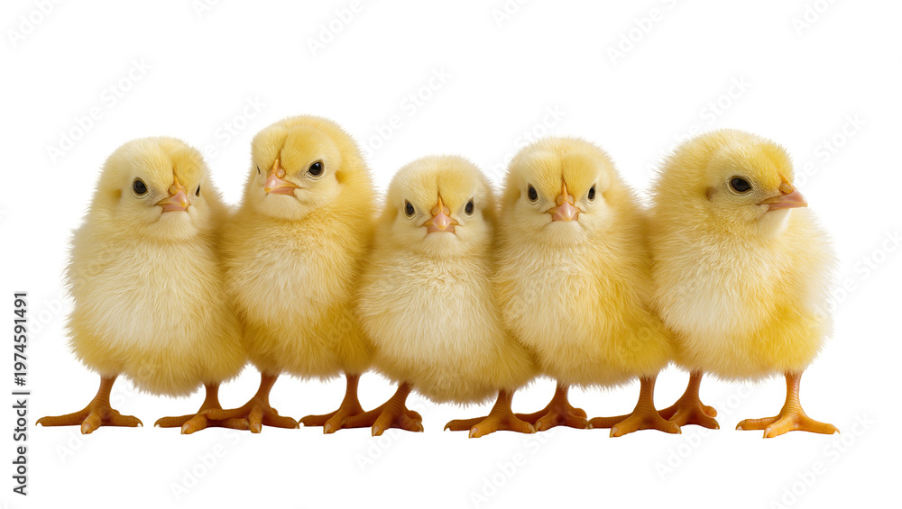 Fototapeta premium Five fluffy yellow baby chicks standing together, isolated on transparent background