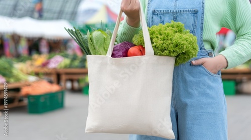 Woman holding textile eco bag with fresh vegetable at farmers market. Sustainable lifestyle and shopping. Natural product in harvest season. Healthy nutrition and zero waste concept.