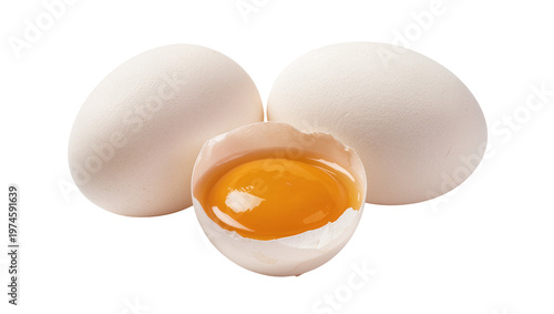 Photos Two whole white eggs and one cracked egg with bright yellow yolk, isolated on tr