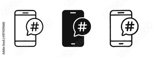 Smartphone with hashtag icon set. Social media trending and mobile content tagging symbols in outline, solid, and hand-drawn styles.