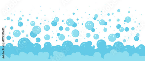 Bubble foam background, soap bath water pattern. Cartoon blue wash suds, laundry fizzy cloud. Shower bg, mousse froth border. Oxygen clear bubble frame. Chemical aqua ball. Simple vector