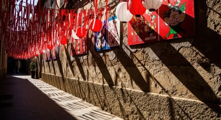 A row of red and white signs on a brick wall