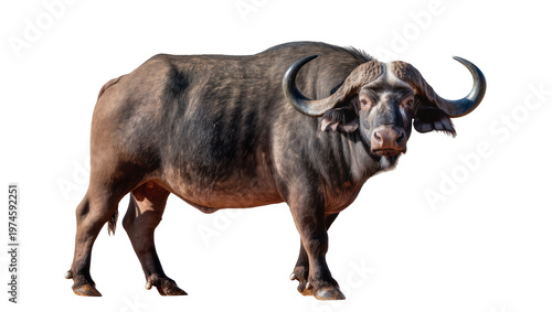 Obraz na plátně Massive African buffalo with large curved horns, isolated on transparent backgro