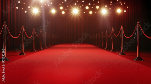Red Carpet Entrance with Velvet Ropes and Glowing Spotlights for Awards Ceremony
