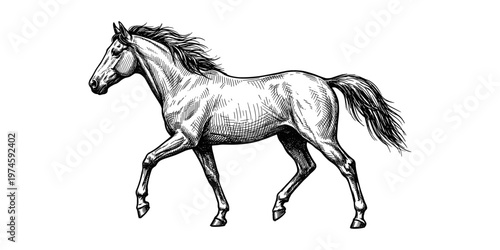 Vintage engraved horse illustration detailed hand drawn line art black and white style