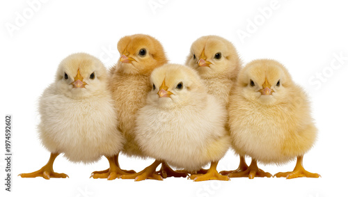 фотографія Fluffy yellow and brown baby chicks huddled together, isolated on transparent ba