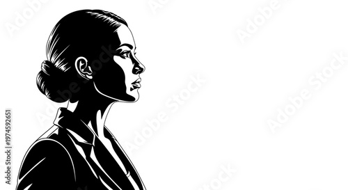 Silhouette of a determined businesswoman in profile, looking forward, black and white illustration