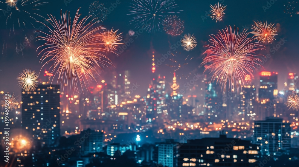 Obraz premium Colorful Fireworks Display on Dark Blue Night Sky Background with Copy Space
