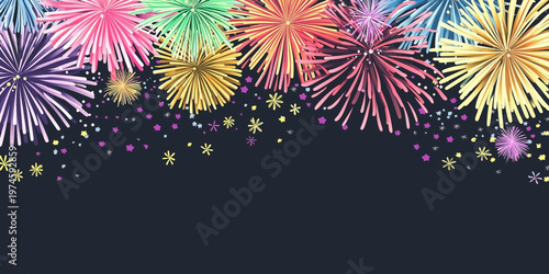 Colorful Fireworks Display on Dark Blue Night Sky Background with Copy Space
