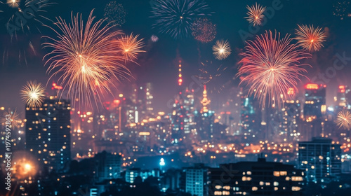 Colorful Fireworks Display on Dark Blue Night Sky Background with Copy Space
