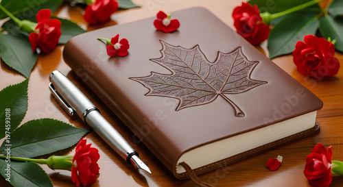 Canada day celebration leather journal with maple leaf design red flowers