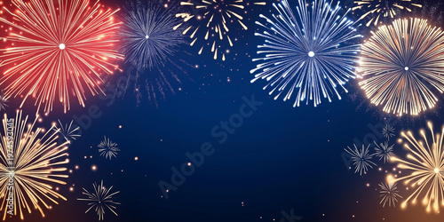 Colorful Fireworks Display on Dark Blue Night Sky Background with Copy Space
