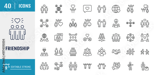 Friendship icon set. Icons related to Interaction, friend, relationship, mutual assistance, social responsibility, buddy, love. Outline icon set. Vector illustration with editable stroke