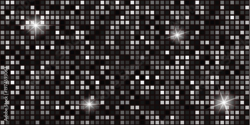 Abstract dark background with glowing squares and sparkling light effects