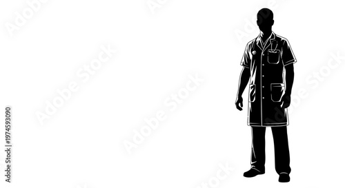 Silhouette of a doctor in a lab coat standing against a white background.