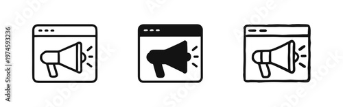 Digital Marketing Megaphone Browser Icon Set - Online Promotion and Announcement Web Page Symbol in Various Styles.
