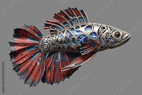 Futuristic metallic fish with glowing blue lightning patterns red fins cybernetic aquatic creature sci-fi design