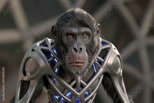 Futuristic Chimpanzee Wearing Advanced Cybernetic Armor With Blue Glow Under Sci-Fi Dome Lighting