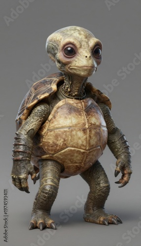 Cute cartoon turtle alien creature standing upright with large eyes, textured shell, fantasy sci-fi design