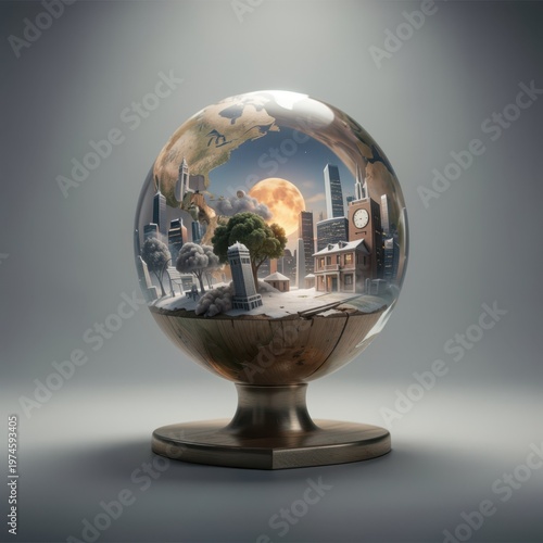 Transparent globe showcasing miniature cities under full moon with snow, modern skyscrapers, clock tower, trees, and global map textures