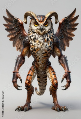 Fantasy Owl Creature With Wings And Horns Standing On Two Legs In Studio Lighting