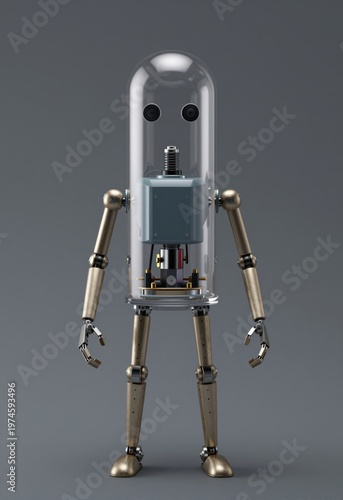 Futuristic transparent robot with brass limbs standing upright against minimalist gray backdrop
